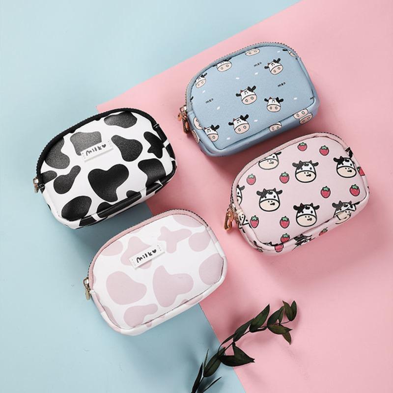 Süße Geldbörse für Damen, Kuh-Print, PU-Leder, Visitenkartenhalter, Münzgeldbörse für Damen, Mädchen, Reißverschluss, Cartoon-Geldbörse