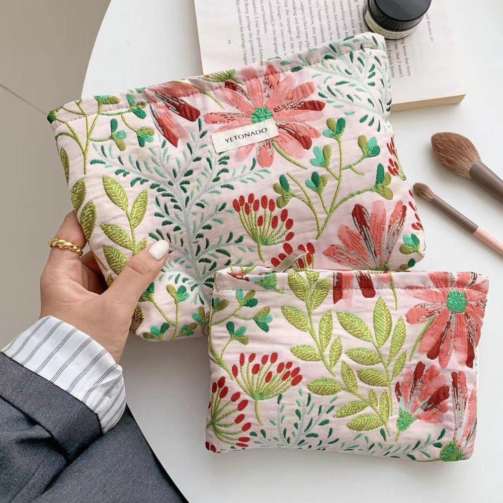 Polyester Canvas Flower Clutch Bag Large Capacity Zipper Closure Cosmetic Storage Pouch Portable Flower Pattern Makeup Bag