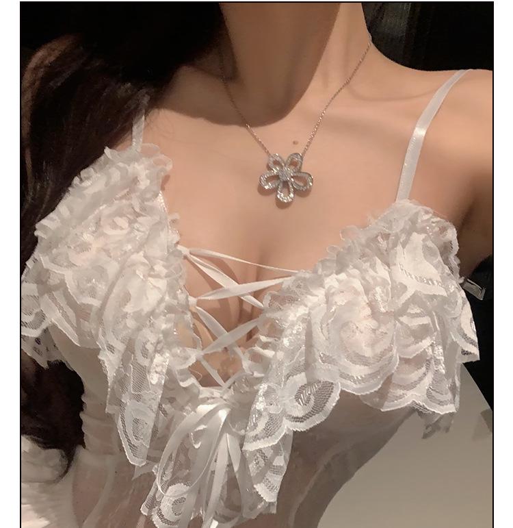 Meinaier Temptation Lace Camisole Nightdress: Sexy, See-Through, Cutout Design with Tie-Up Closure