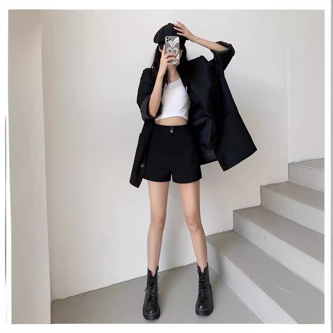 

Women s Petite Slimming Black High-Waisted Wide-Leg Shorts - Summer Two-Button Letter Casual Style 3XL