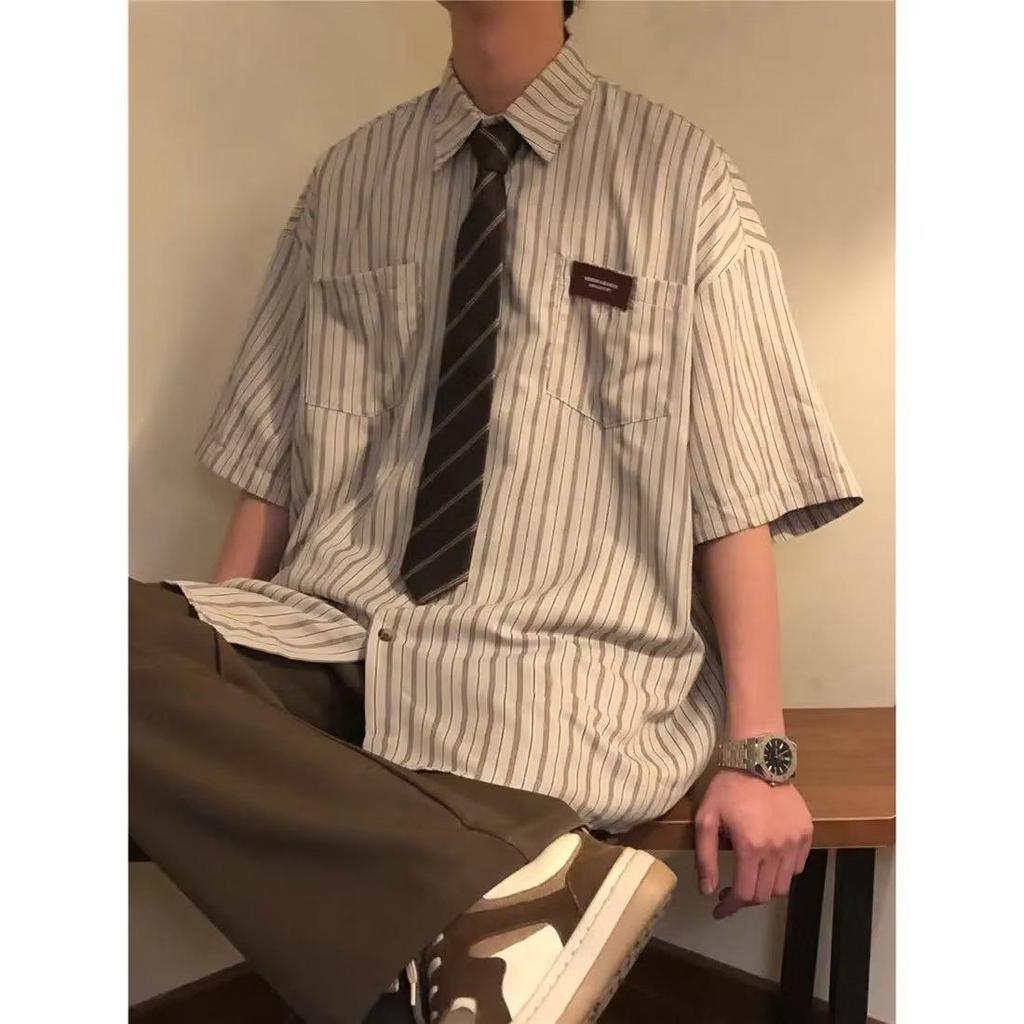 Men's Retro Striped Short Sleeve Pique Shirt - Summer Trendy Loose Fit Plus Size Jacket