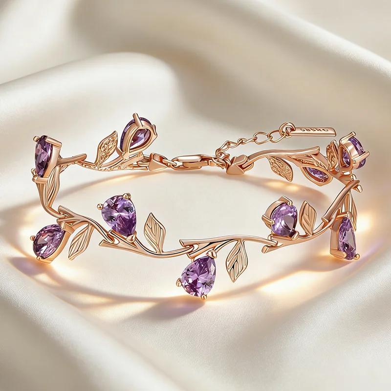 Luxury Golden Petal Bracelet For Women Shiny Purple Zircon Jewelry Ethnic Wedding Accessories