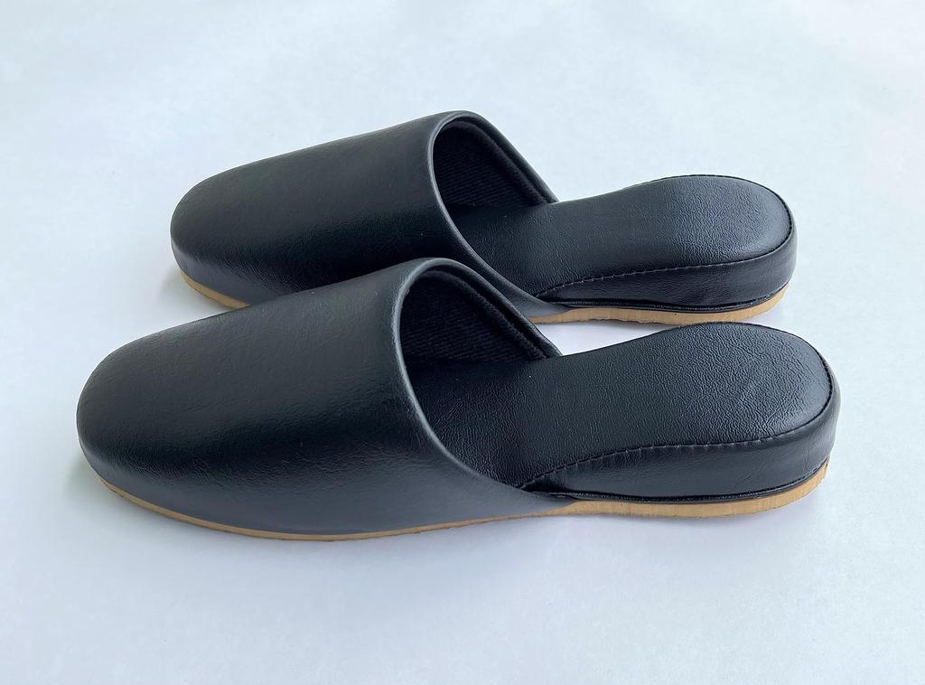 TOKYO SLIPPER Antibacterial Vinyl Slippers of with Thick EVA Safety Slippers for Business and Guest Use Leather-Look (Set 5) Soles, (Black, Large)