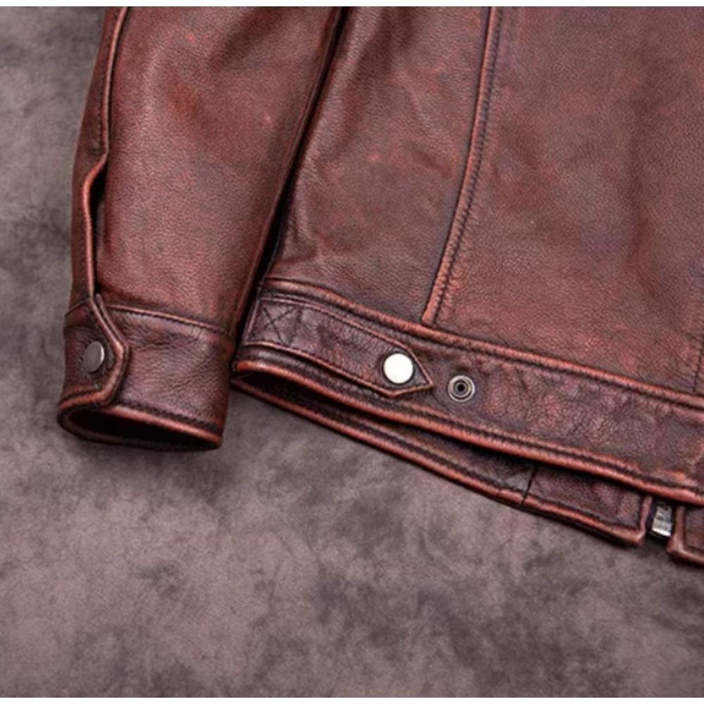 Chinese Size Vitnage Red Brown Men Leather Jacket Cowhide Leather Motorcycle Style Genuine Cow Jackets for Men Autumn