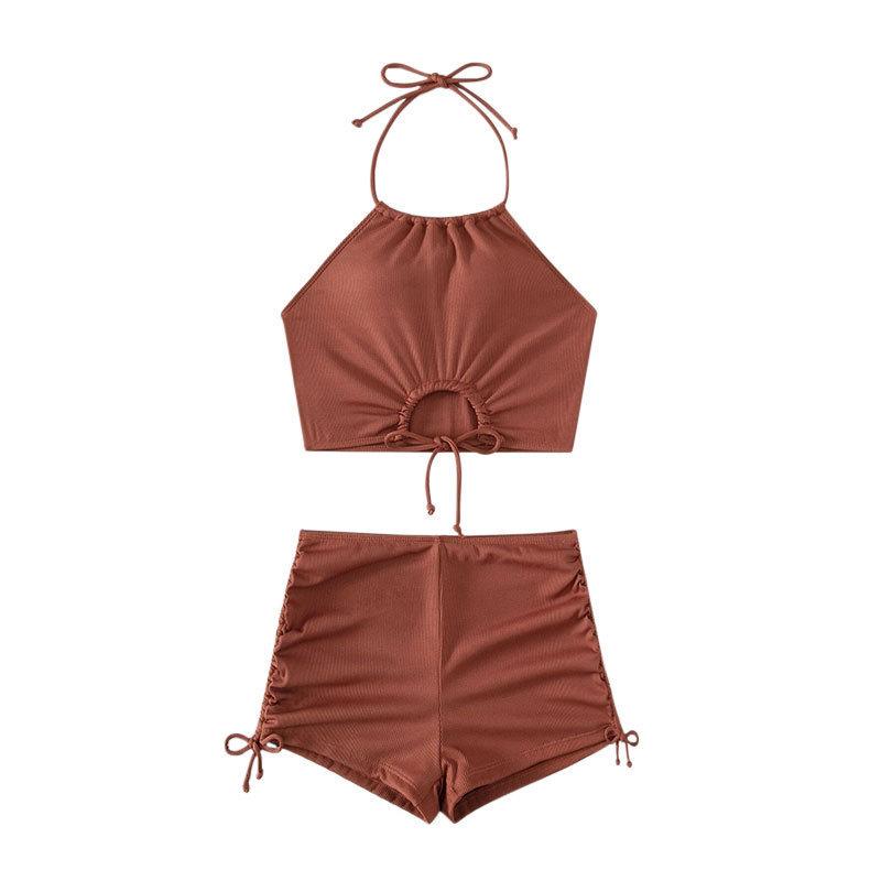 Women’s Sexy Tankini Bathing Suit Halter Backless Bikini Set, Sporty Two-Piece Swimsuit with Boyshort Bottoms S светло-коричневого