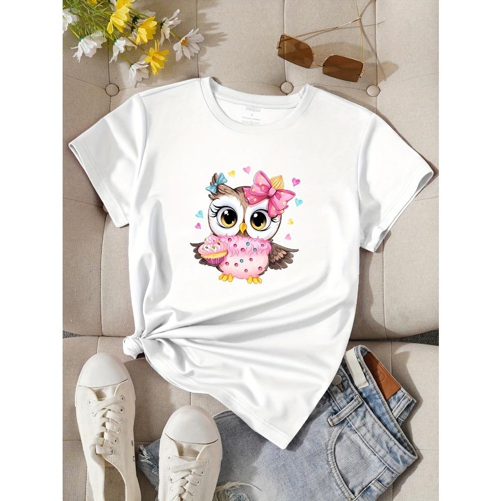 Women Cotton Short Sleeves T-shirts Cute Cupcake Owl Women's Tee Pink Graphic Casual Sweet Daily Top