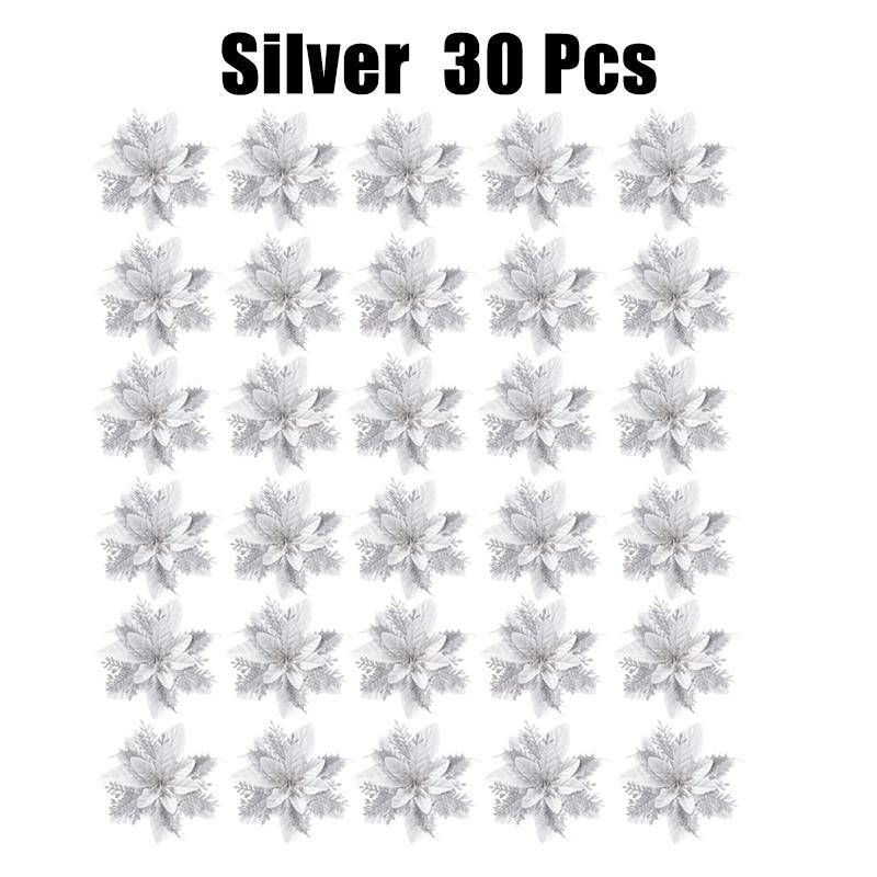 10/30/50PCS Glitter Christmas Flowers Fake Flower Tree Decorations 2026 Home Tree Pendant Ornaments Navidad New Year Gift