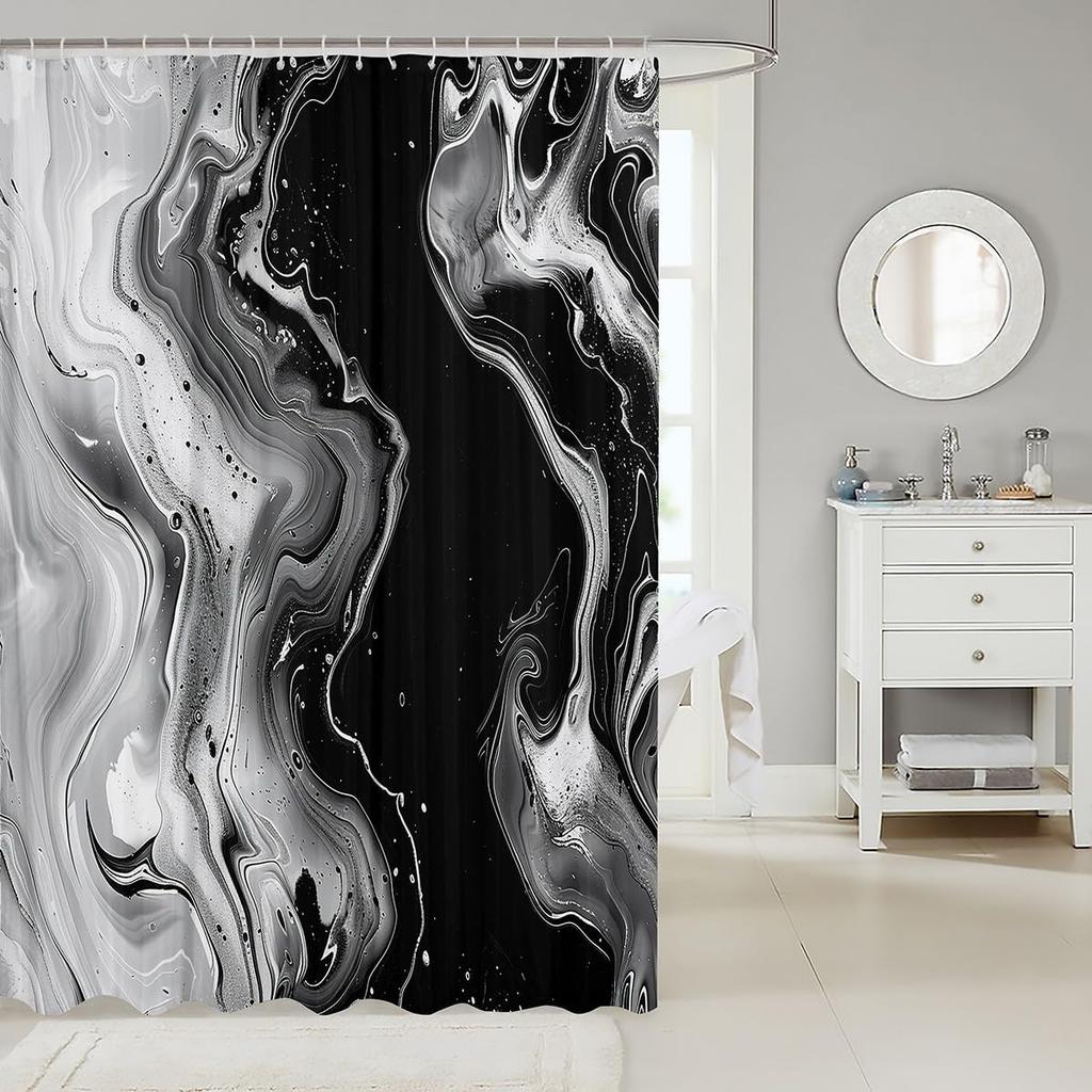 1pc Black and White Shower Curtain for Bathroom Decor 72" L x 72" W Modern Abstract Marble Bath Curtain Aesthetic Ink Textu