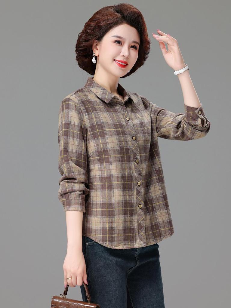 Genuine Autumn Long Sleeve Plaid Cotton Shirt for Middle-Aged & Elderly Women