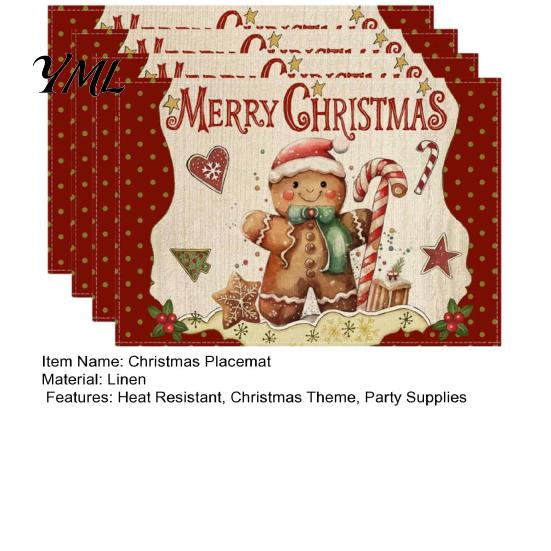 Holiday Party Supplies 4Pcs Christmas Linen Placemat Set, Cartoon Snowman Gingerbread Gnome Table Pattern Placemats Mat, Heat Resistant Place Mat for