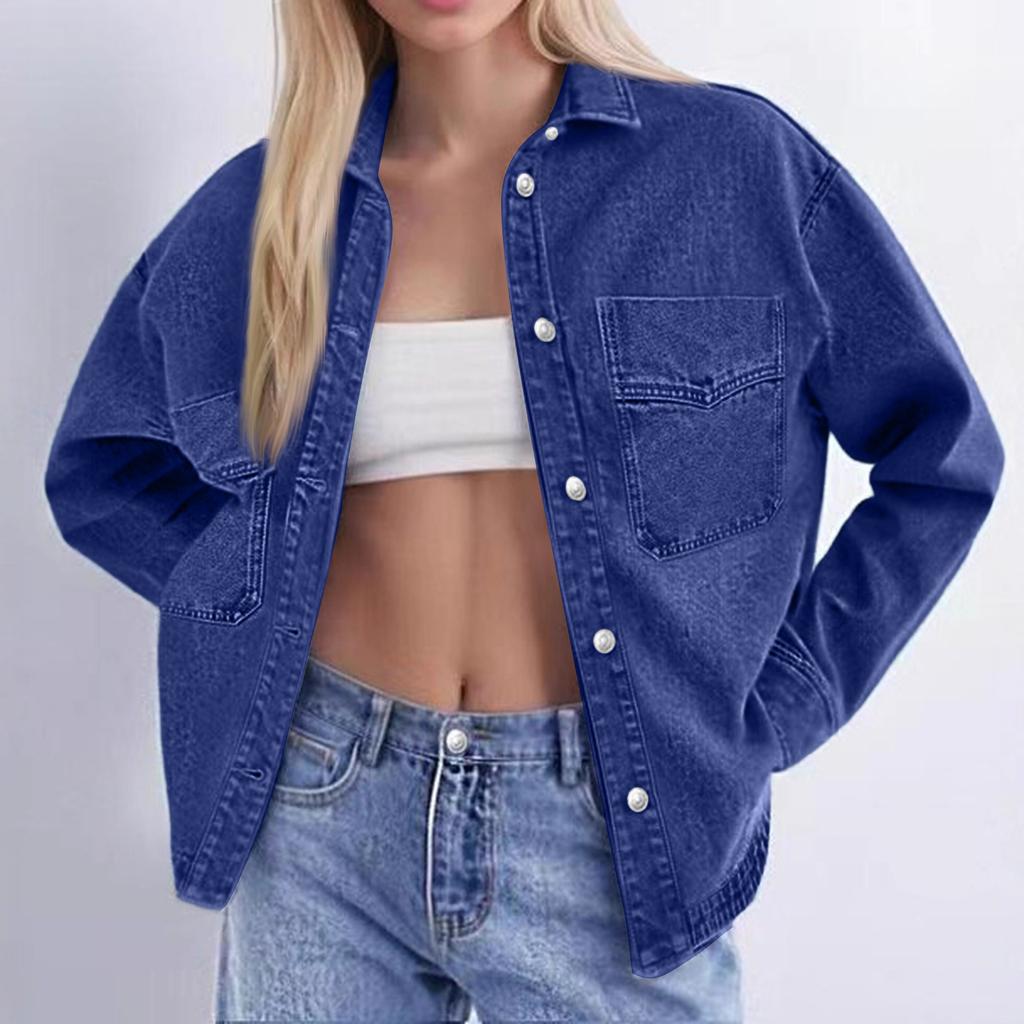Women's Washed Vintage Loose Fit Casual Denim Shirt Jacket Button Down Long Sleeve Pocket Detail Lightweight Outerwear
