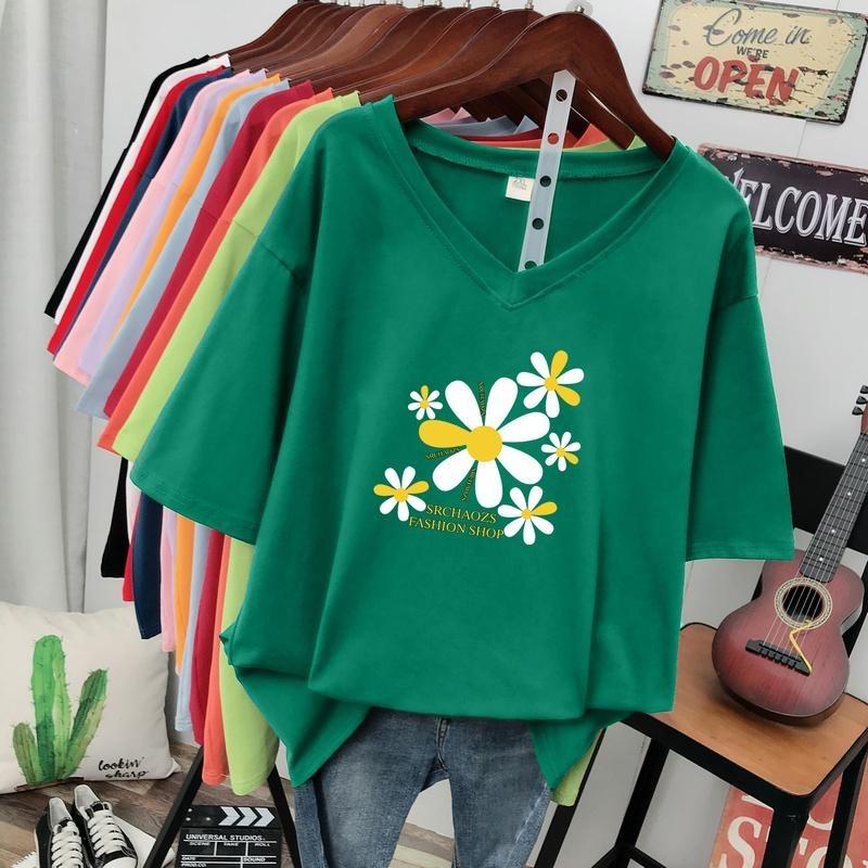 Short-sleeved T-shirt for Women, Large Size, Loose and Slimming, Printed V-neck Top