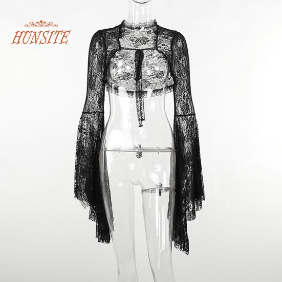 Vintage Gothic Black Lace T-shirt Elegant Flared Sleeve Smock Top See Through Sexy Cropped Tops Cardigan Streetwear