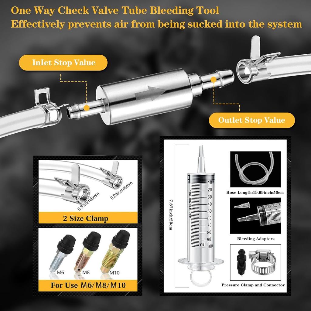 Brake Bleeder Kit - One Way Check Valve Hose Bleeding Kit 100Ml Syringe, 50Cm Hose, Oil Fluid Extractor Pump, Adapter - Brake Bleeder Tool For