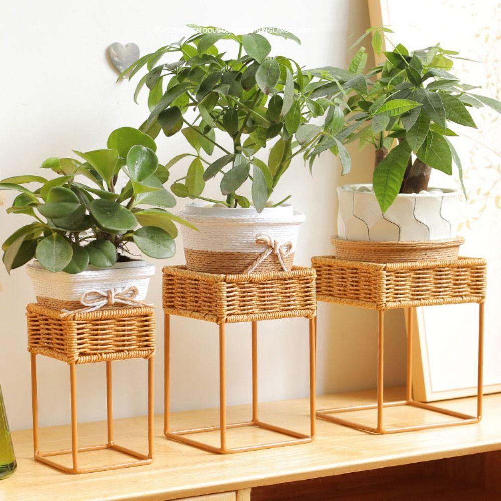 Mini Imitasjon Rattan Blomsterpotte Stativ Utstillingsskap Plantepotte Dekorativ