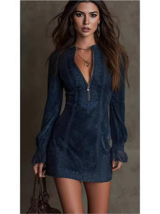2026 Sexy Slim V-neck Embroidered Long Sleeve Dress