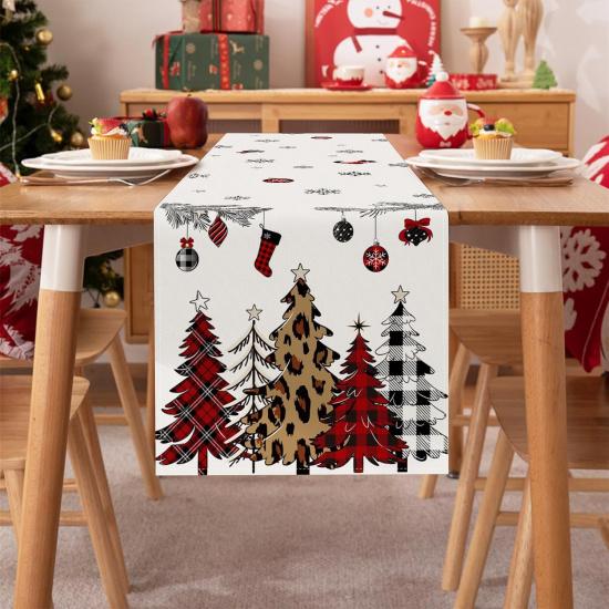 Bonhause Buffalo Plaid Christmas Trees Table Runner 13x72 Inch Snowflakes Pine Branches Red Winter Holiday Kitchen Dining Table Decoration for Indoor