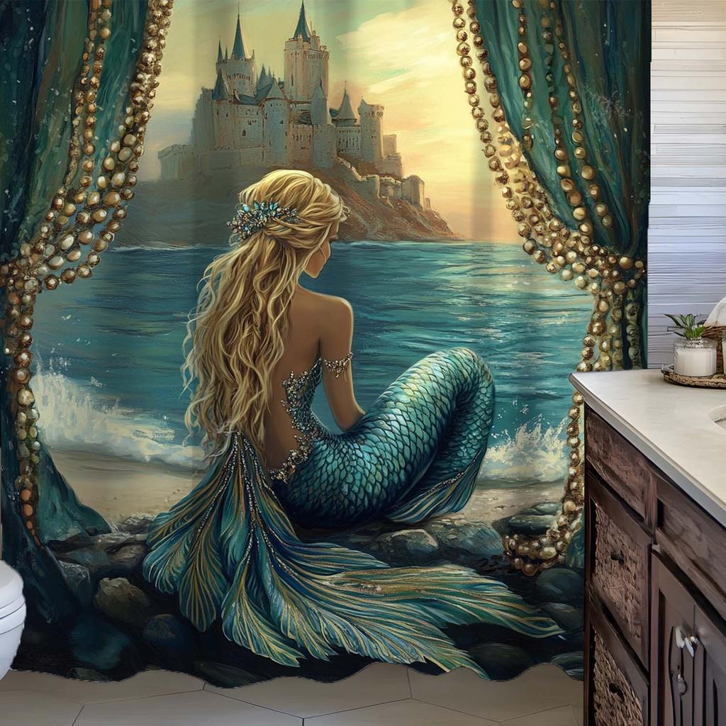 Magical Mermaid and Castle Waterproof Shower Curtain - Enchanting Ocean Scene, High-Quality Fabric, Durable and Stylish