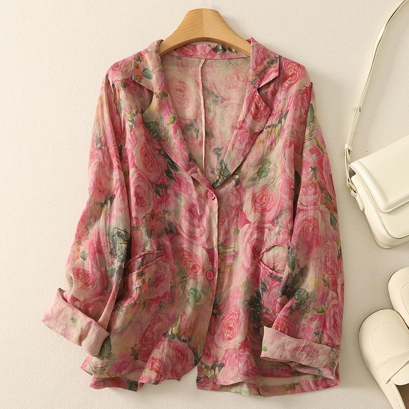 

Vintage Floral Loose-Fit Ultra-Thin Ramie Sun Protection Suit XL