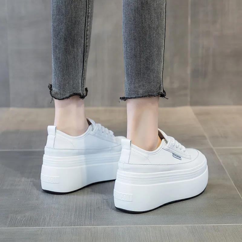 Fashion 9cm Cow Genuine Leather New Autumn Summer Spring Platform Wedges Vulcanized Lace Up Casual Women Chunky Sneakers Lady Shoes