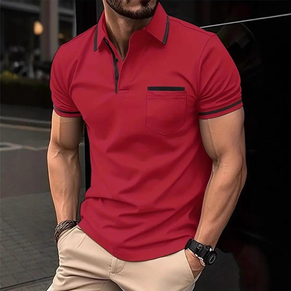 Men Clothes Summer Casual Short Sleeve Lapel Golf Polo Shirt Pocket Stitching Tops Polo Shirt