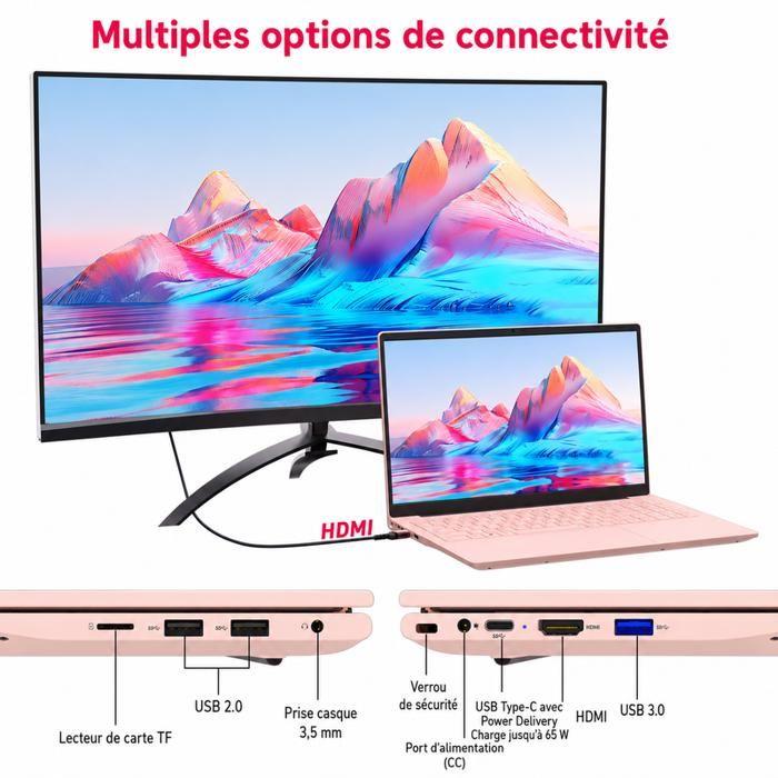 Ordinateur Portable - Win11 Pro - PC Portable -15.6 Pouces -AMD 3050E RAM 8Go+Stockage 256Go SSD - Expansible 6TB-2.4G+5G WiFi-Rose