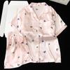 Fairy Wind Pink Butterfly Print Cool Ice Silk Pajamas Women'S Summer Short Sleeve Large Size Set