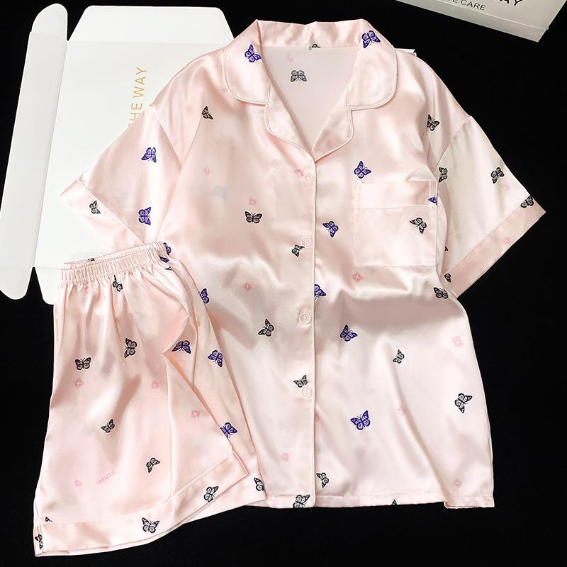 Fairy Wind Pink Butterfly Print Cool Ice Silk Pajamas Women'S Summer Short Sleeve Large Size Set