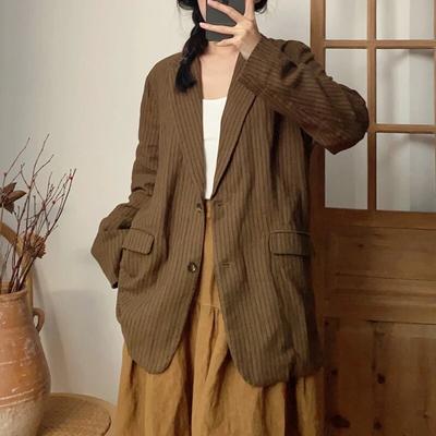 Vintage Listrado Terno Jaquetas Primavera Casual Turn-down Collar All Match Solto Botão Mulheres Casacos