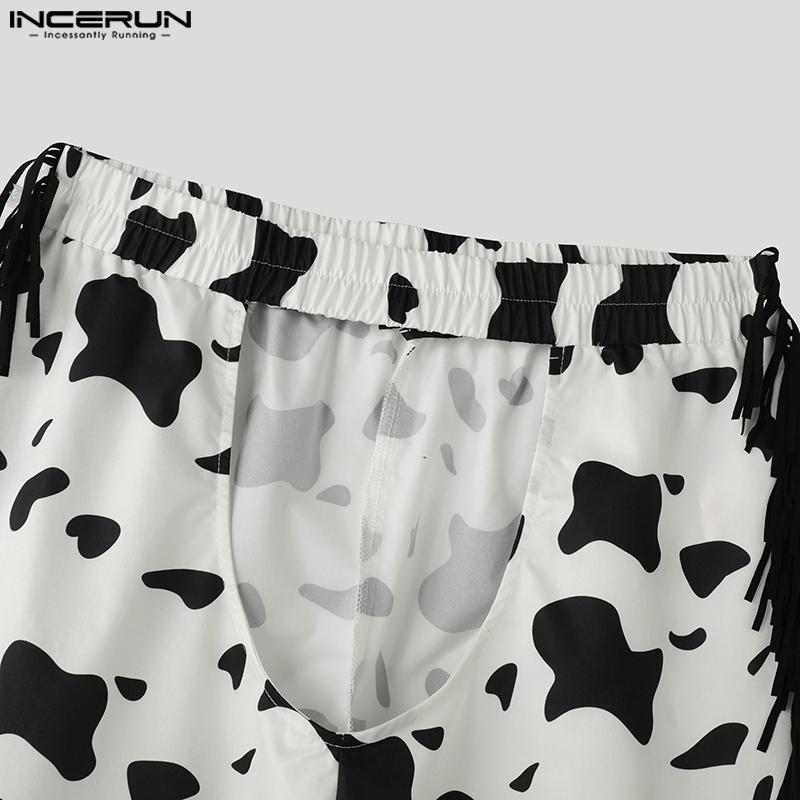 INCERUN Men Elastic Waist Cutout Tassel Hem Print Party Homewear Long Pants Trousers