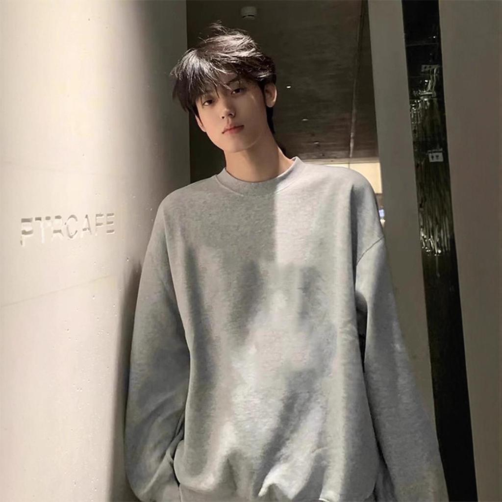 Men's Heavyweight White-Gray Fleece Hoodie: Autumn/Winter Loose Fit, Round Neck Long-Sleeve Pullover