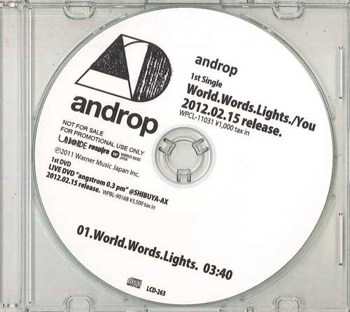 

CD ANDROP - World.words.lights./You LCD263 WARNER 2012 Japan Japanese Pop/Rock Used
