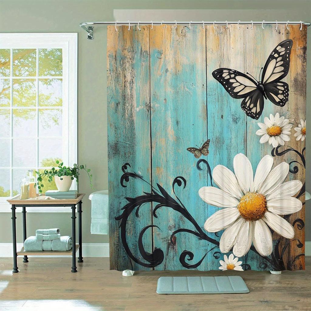 White Chrysanthemum Butterfly Theme Shower Curtain With Hooks For Room Home Hotel Machine Washable Curtain Bathroom