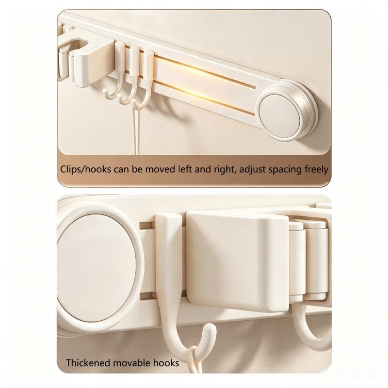 Sliding Rail Cleaning Tool Holder, Wall-Mounted Suction Rack with Integrated Hanging Feature for Mops, Glass and Smooth Tile
