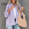 Mid-length Women Jacket Denim Turn-down Collar Distress Fringed Hem Button Large Pocket Washed Solid Color Loose Oversized Lady Coat Streetwear Retro