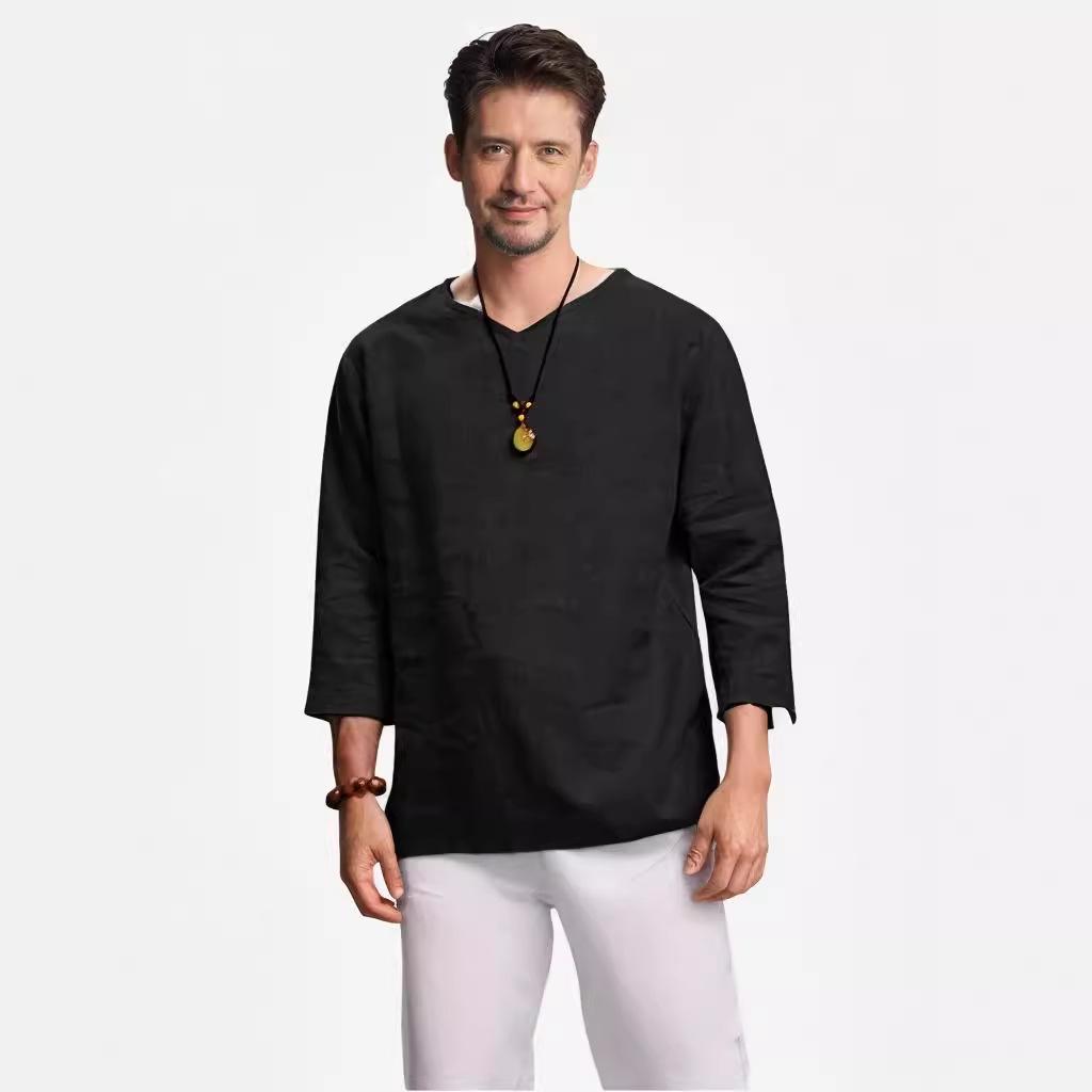 Men's V-Neck Long-Sleeve Cotton Linen Shirt - Anti-Theft Policy Applied