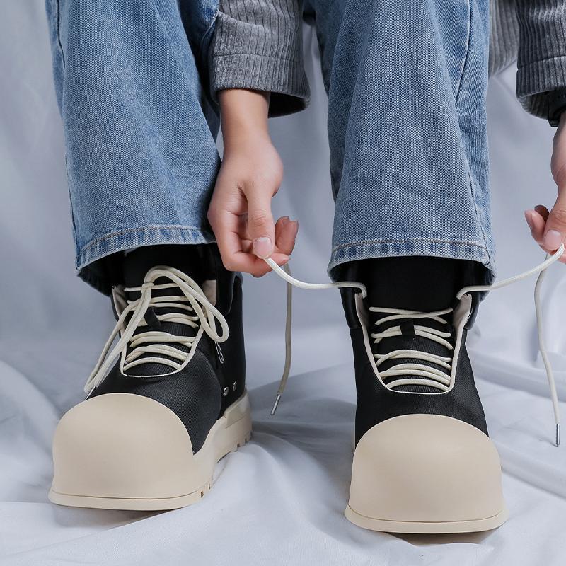 Fashion British Style Men Genuine Leather High Top Shoes Casual Slip-On Thick Bottom Shoes Outdoor Soft Bottom Round Toe Vulcanized Shoe