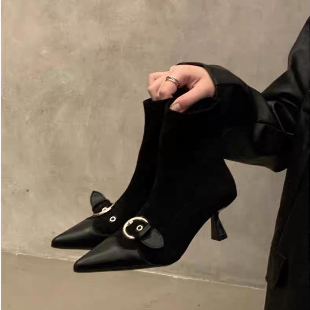 

Новый дизайн пряжки ремня ботильоны женские модные с острым носком на молнии на тонком низком каблуке банкетная вечеринка женская обувь 39