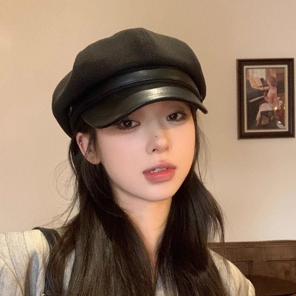Korean Style Pu Leather Beret British Style Painter Hat Fashion Wool Octagonal Hat  Girl