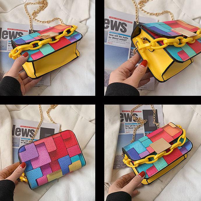Women's Vintage Portable HandBag Versatile Single Shoulder Slant Across Bag Female Contrast Color Small Square Chain Bag