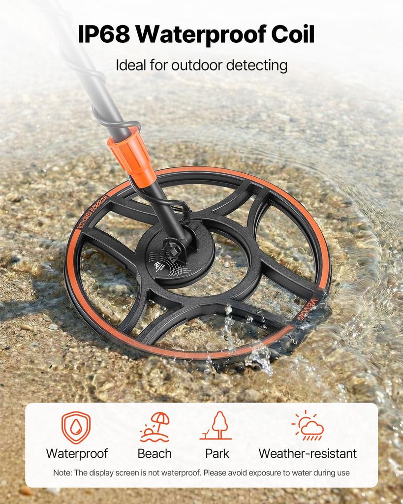 VEVOR Waterproof Metal Detector, 304.8 Mm, Professional High Accuracy Gold Detector for Adults, with Display, Wireless Headphones, 7 Modes