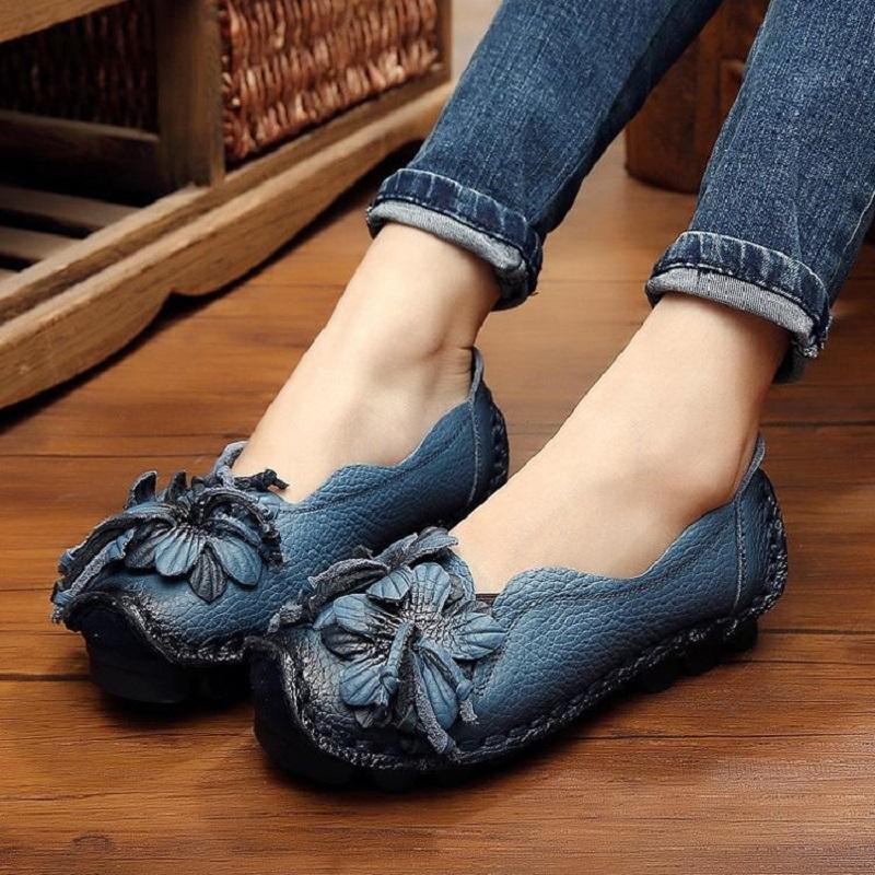 Retro Ballet Flats Women's Luxury Designer Genuine Leather Shoes Ladies Autumn Thick Cushion Loafers Woman Flower Moccasins