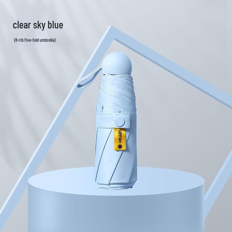 Compact Black Capsule Umbrella with UV and Rain Protection - Five-Fold Design