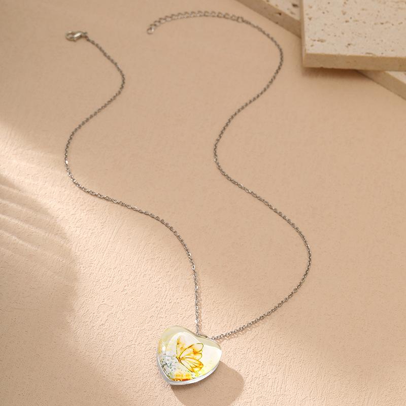 New Heart Butterfly Delicate Glass Reversible Necklace Pendant Flower Simple Niche Women's Necklace