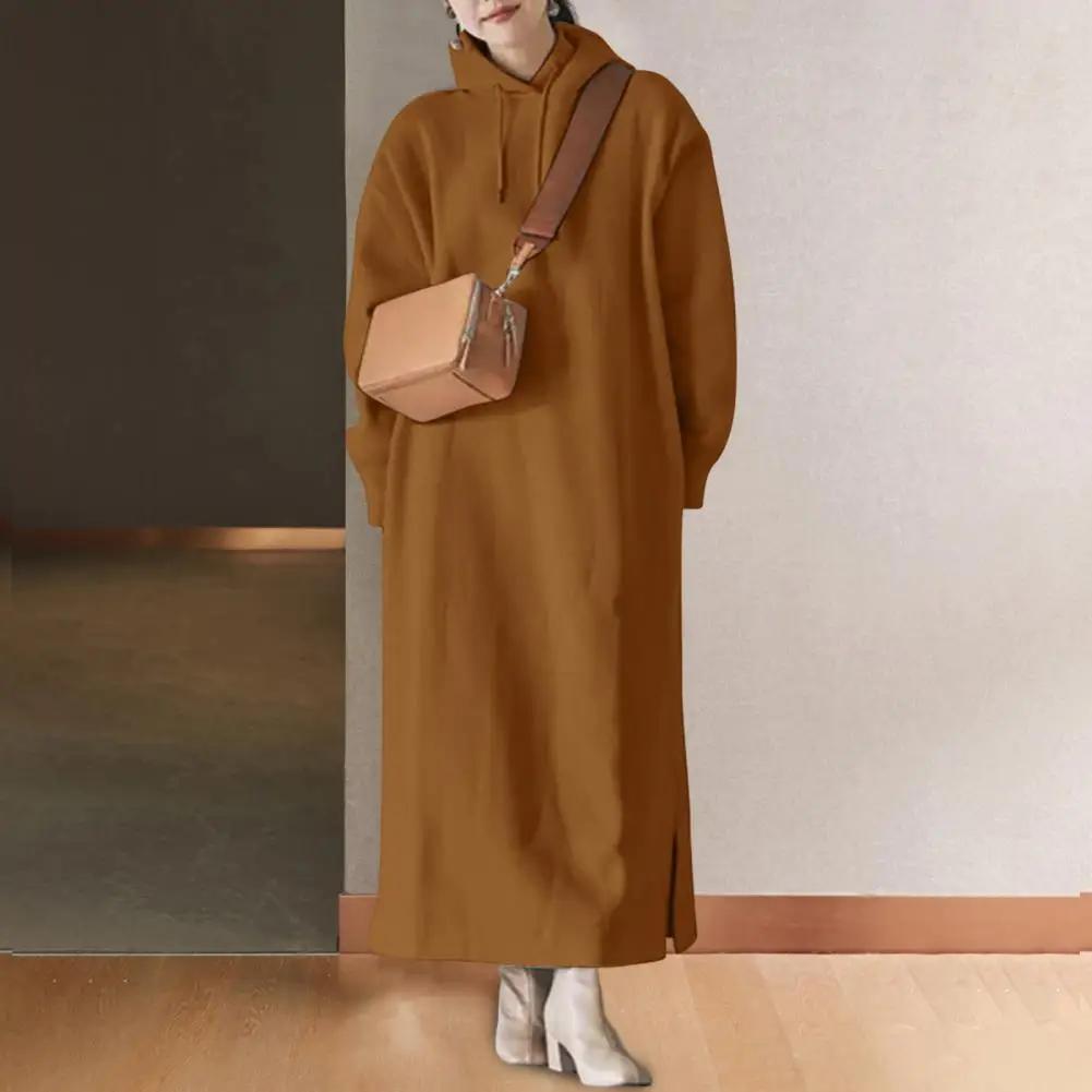 Vestito Felpa da Donna Coulisse Manica Lunga Spacco Laterale Orlo Vestito Felpa con Cappuccio Foderato in Pile Ispessito Maxi Vestito con Cappuccio