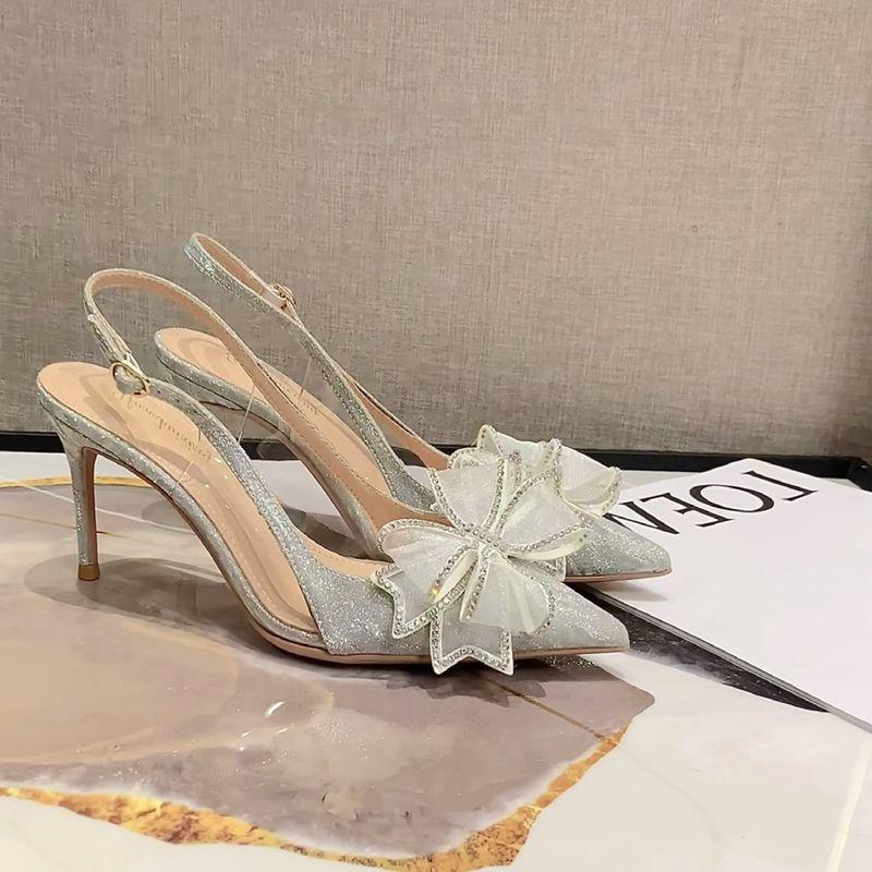 

2025 spring and autumn high heels pointed tip stiletto single shoes transparent bow rhinestone sandals fairy style 35