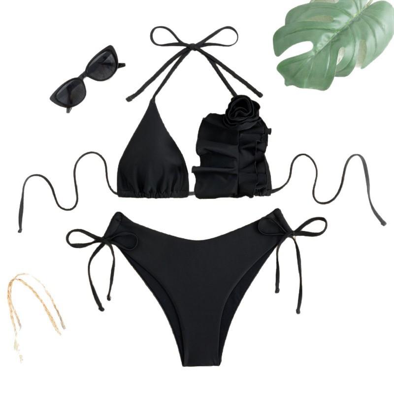 Swimsuit Suit Sexy Flower Solid Color Strap Bikini Split