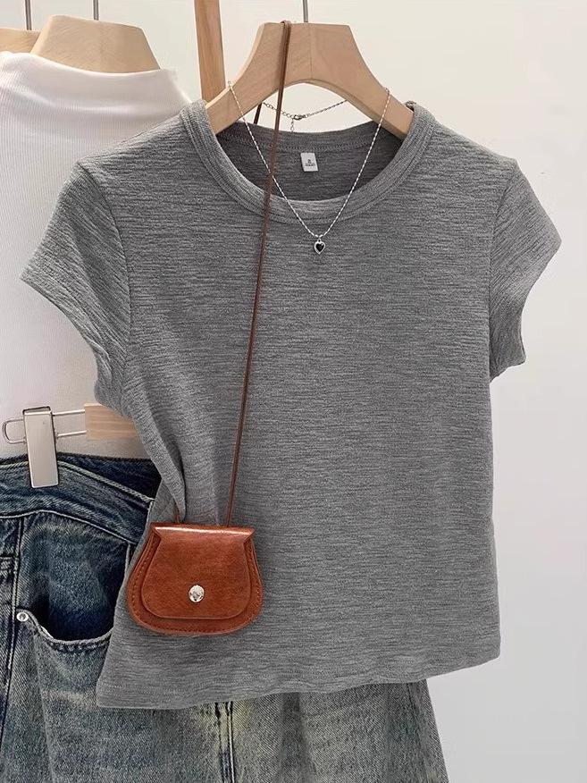 Milk blue texture Korean simple short-sleeved women's T-shirt summer slim-fitting and thin niche foreign style bottoming shirt top