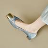 Summer Women's French Elegant Hollow Square Toe Block Heel Pumps, Blue Gold Cross Strap Vintage Mid Heel Dress Sandals