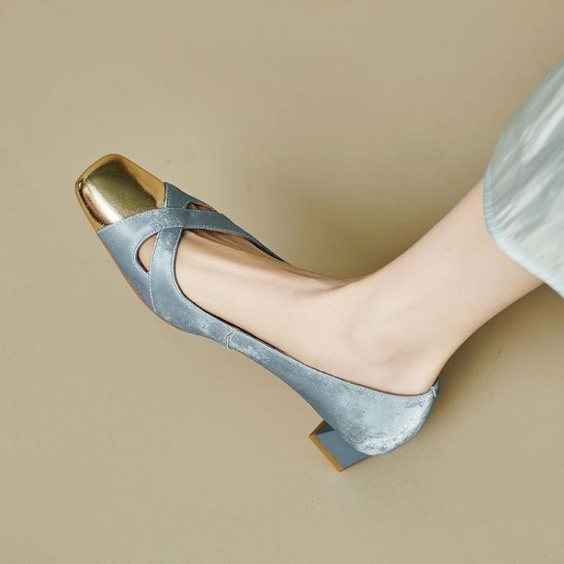 Summer Women's French Elegant Hollow Square Toe Block Heel Pumps, Blue Gold Cross Strap Vintage Mid Heel Dress Sandals